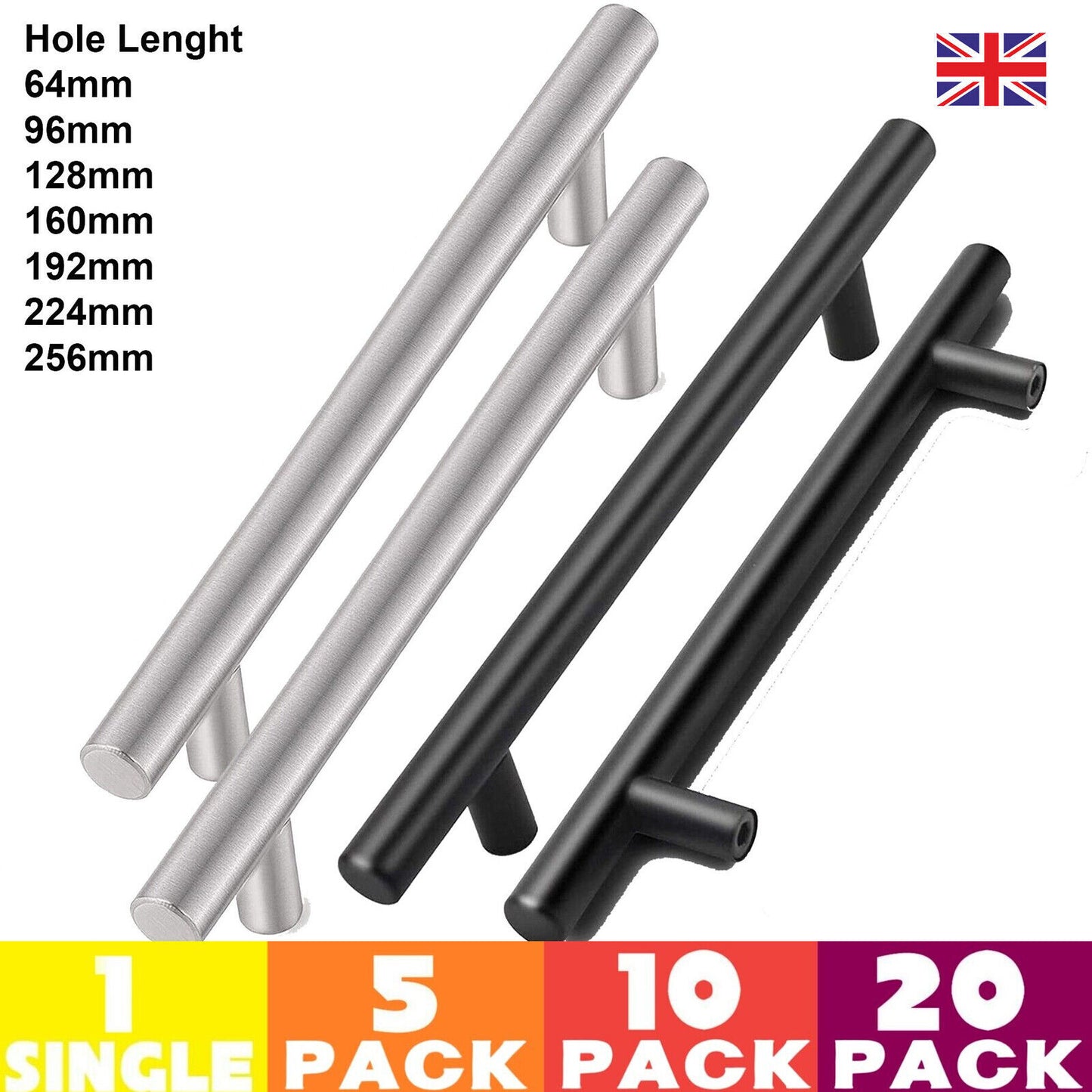 Kitchen Cupboard Cabinet T-Bar Door Handles Brushed Stainless Steel Black in UK