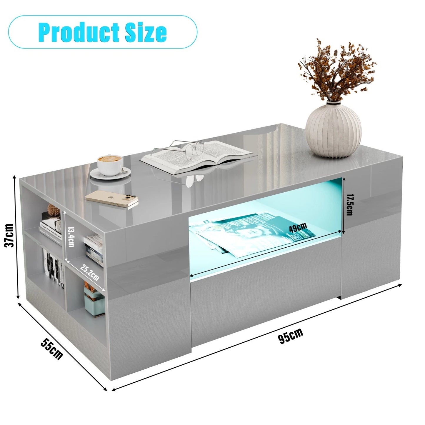 LED Coffee Table Wooden 2 Drawer Storage High Gloss Modern Living Room Furniture