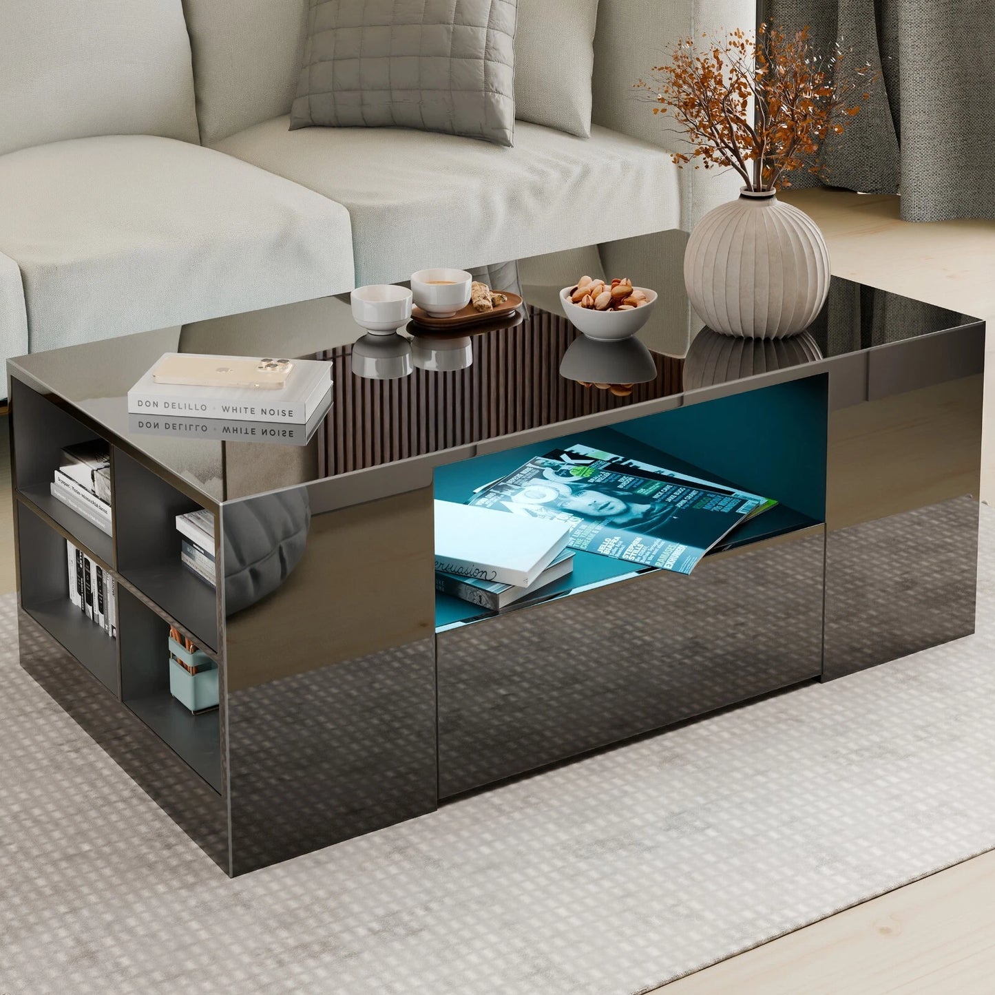 LED Coffee Table Wooden 2 Drawer Storage High Gloss Modern Living Room Furniture