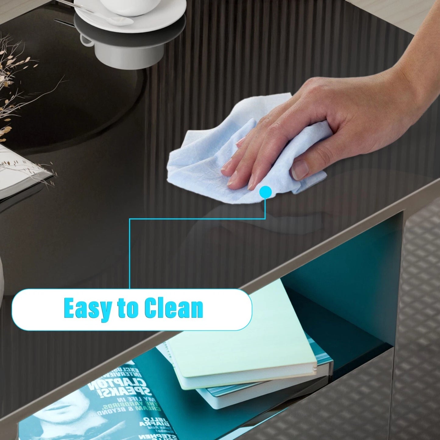 LED Coffee Table Wooden 2 Drawer Storage High Gloss Modern Living Room Furniture