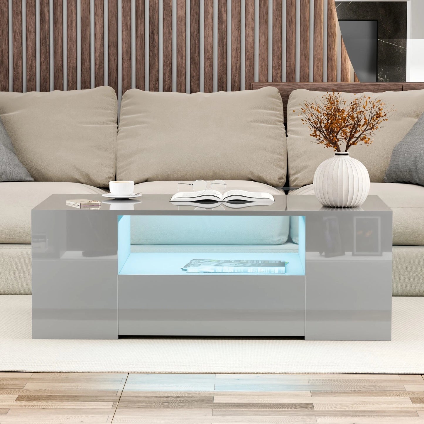 LED Coffee Table Wooden 2 Drawer Storage High Gloss Modern Living Room Furniture