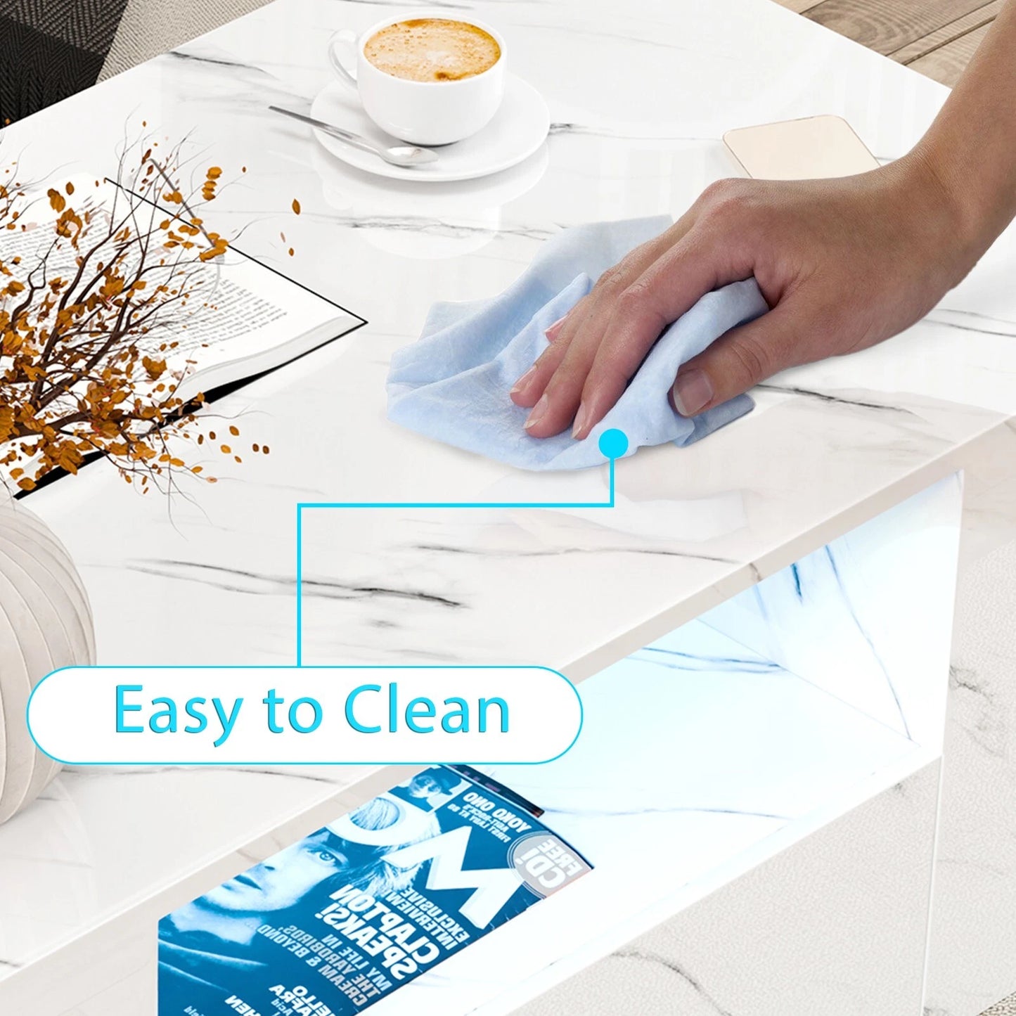 LED Coffee Table Wooden 2 Drawer Storage High Gloss Modern Living Room Furniture