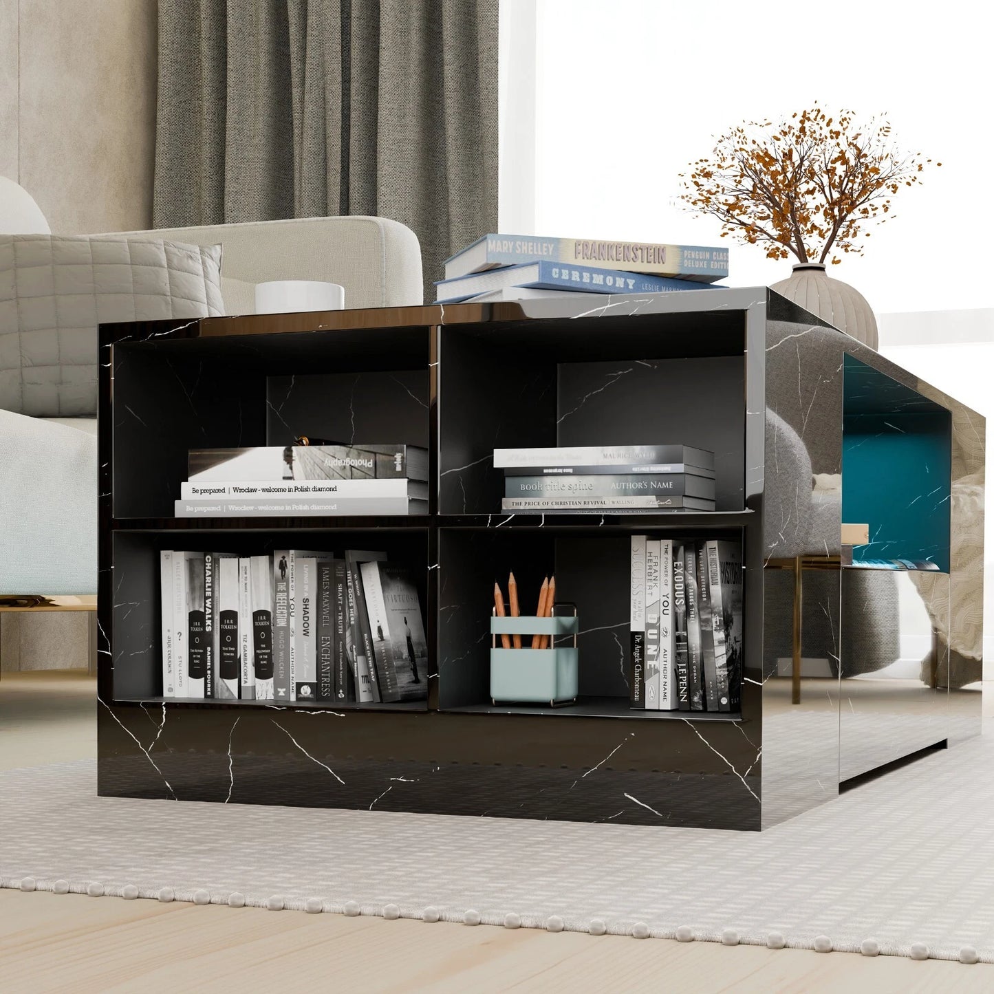 LED Coffee Table Wooden 2 Drawer Storage High Gloss Modern Living Room Furniture