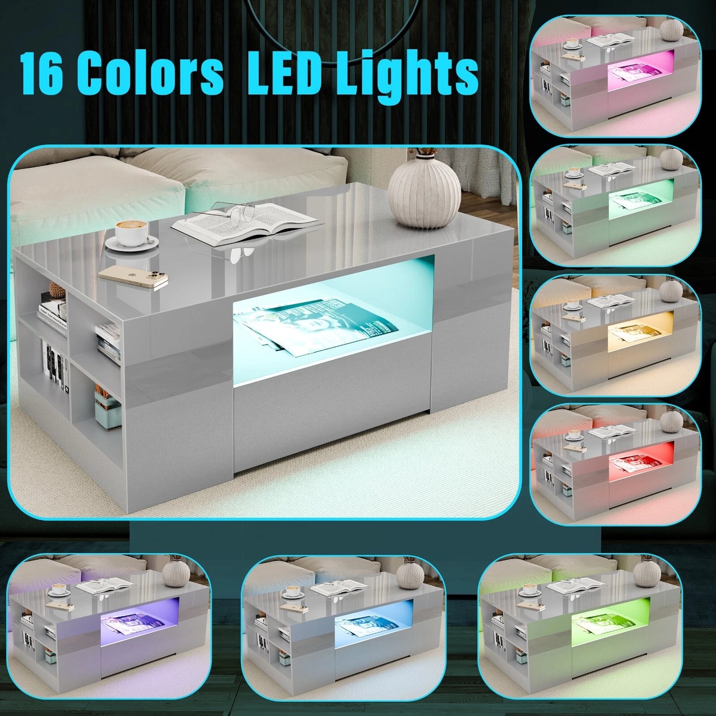 LED Coffee Table Wooden 2 Drawer Storage High Gloss Modern Living Room Furniture