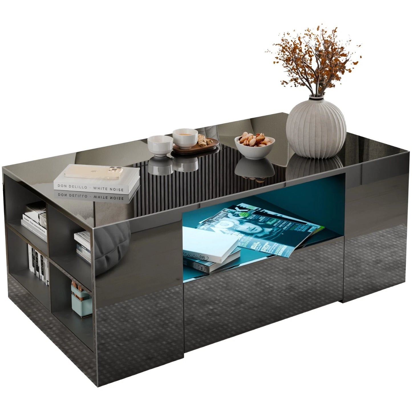 LED Coffee Table Wooden 2 Drawer Storage High Gloss Modern Living Room Furniture