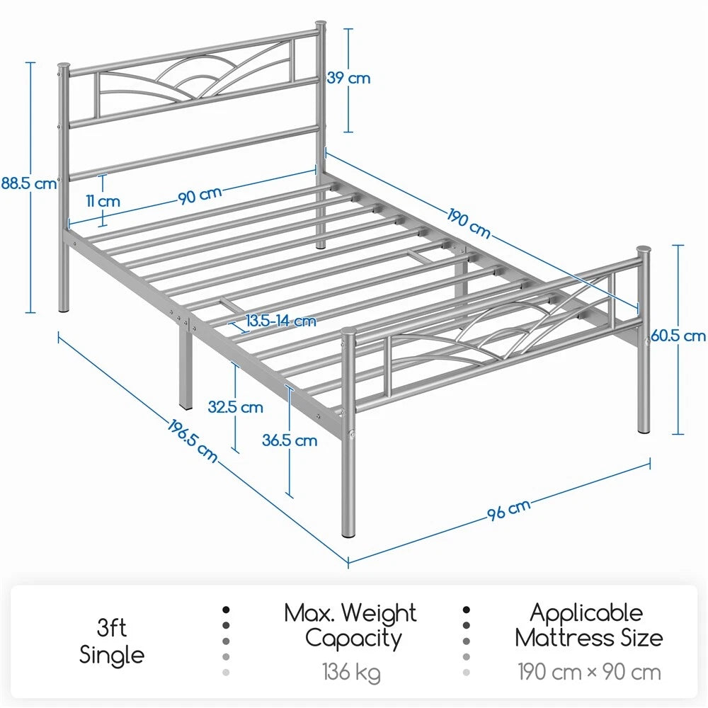 3ft Single Bed Frame Mattress Foundation Metal Iron Bed with Under-bed Storage