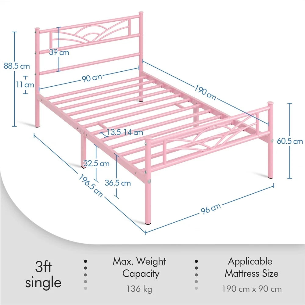 3ft Single Bed Frame Mattress Foundation Metal Iron Bed with Under-bed Storage