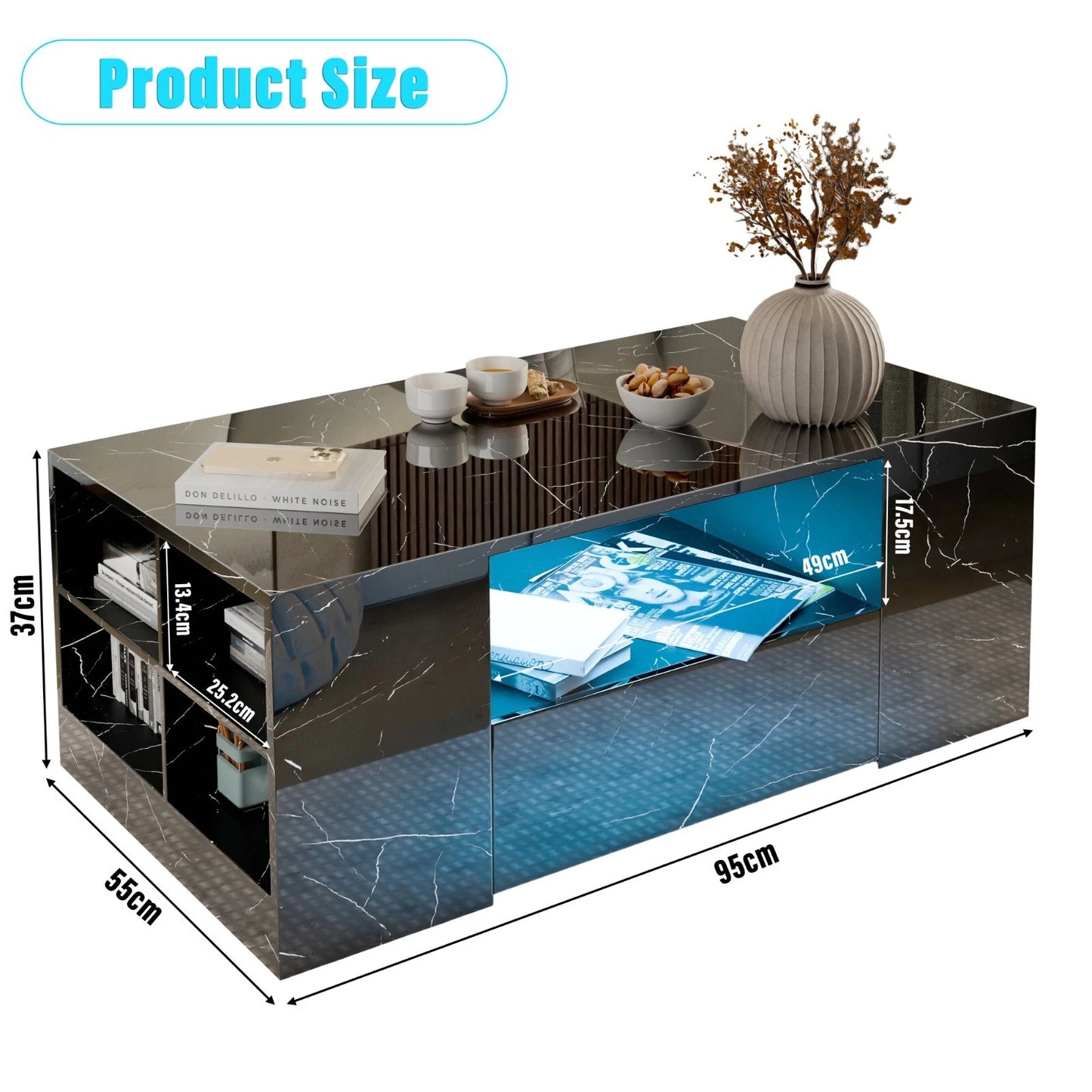 LED Coffee Table Wooden 2 Drawer Storage High Gloss Modern Living Room Furniture