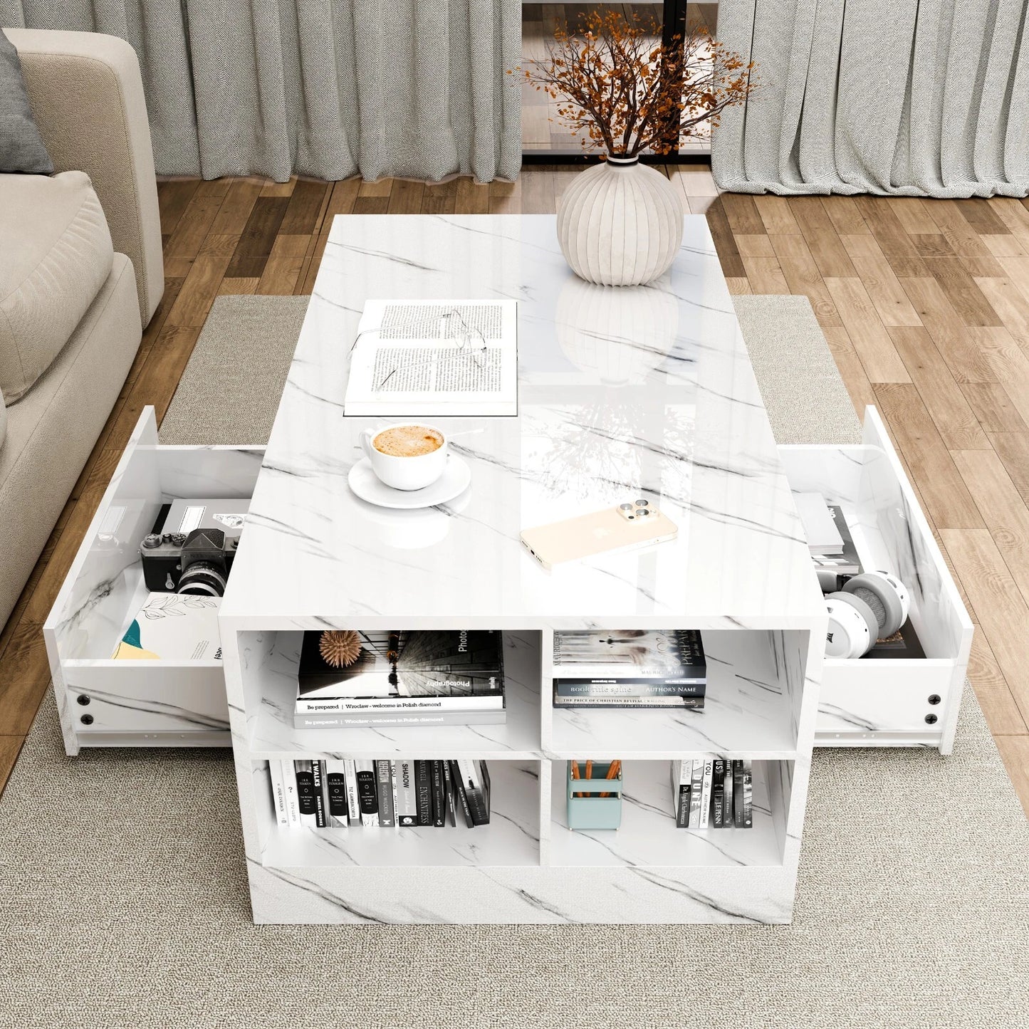 LED Coffee Table Wooden 2 Drawer Storage High Gloss Modern Living Room Furniture