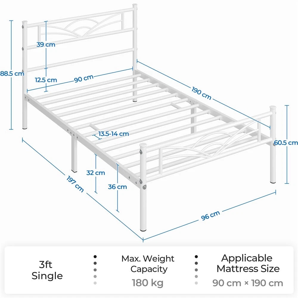 3ft Single Bed Frame Mattress Foundation Metal Iron Bed with Under-bed Storage