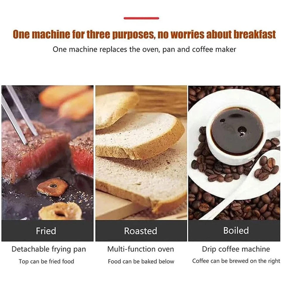 3 In 1 Breakfast Machine Bread Toaster Electric Mini Oven Coffee Maker Pizzaoven