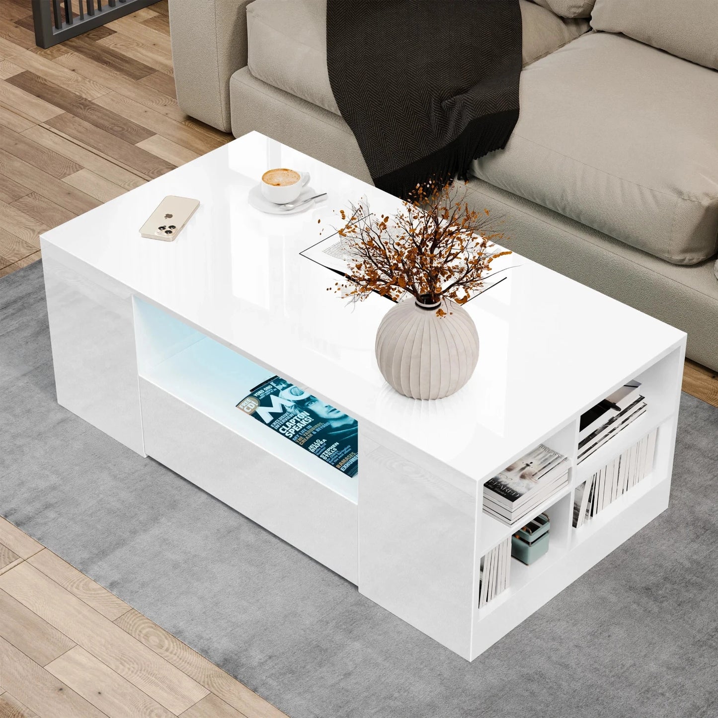 LED Coffee Table Wooden 2 Drawer Storage High Gloss Modern Living Room Furniture