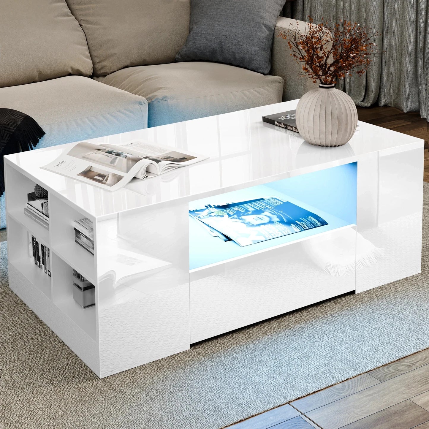 LED Coffee Table Wooden 2 Drawer Storage High Gloss Modern Living Room Furniture