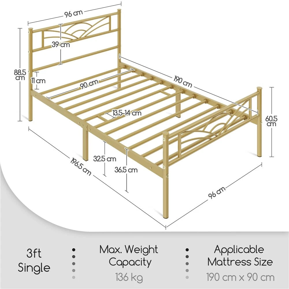 3ft Single Bed Frame Mattress Foundation Metal Iron Bed with Under-bed Storage