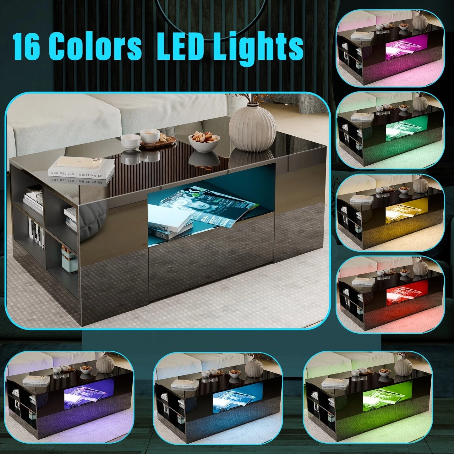 LED Coffee Table Wooden 2 Drawer Storage High Gloss Modern Living Room Furniture