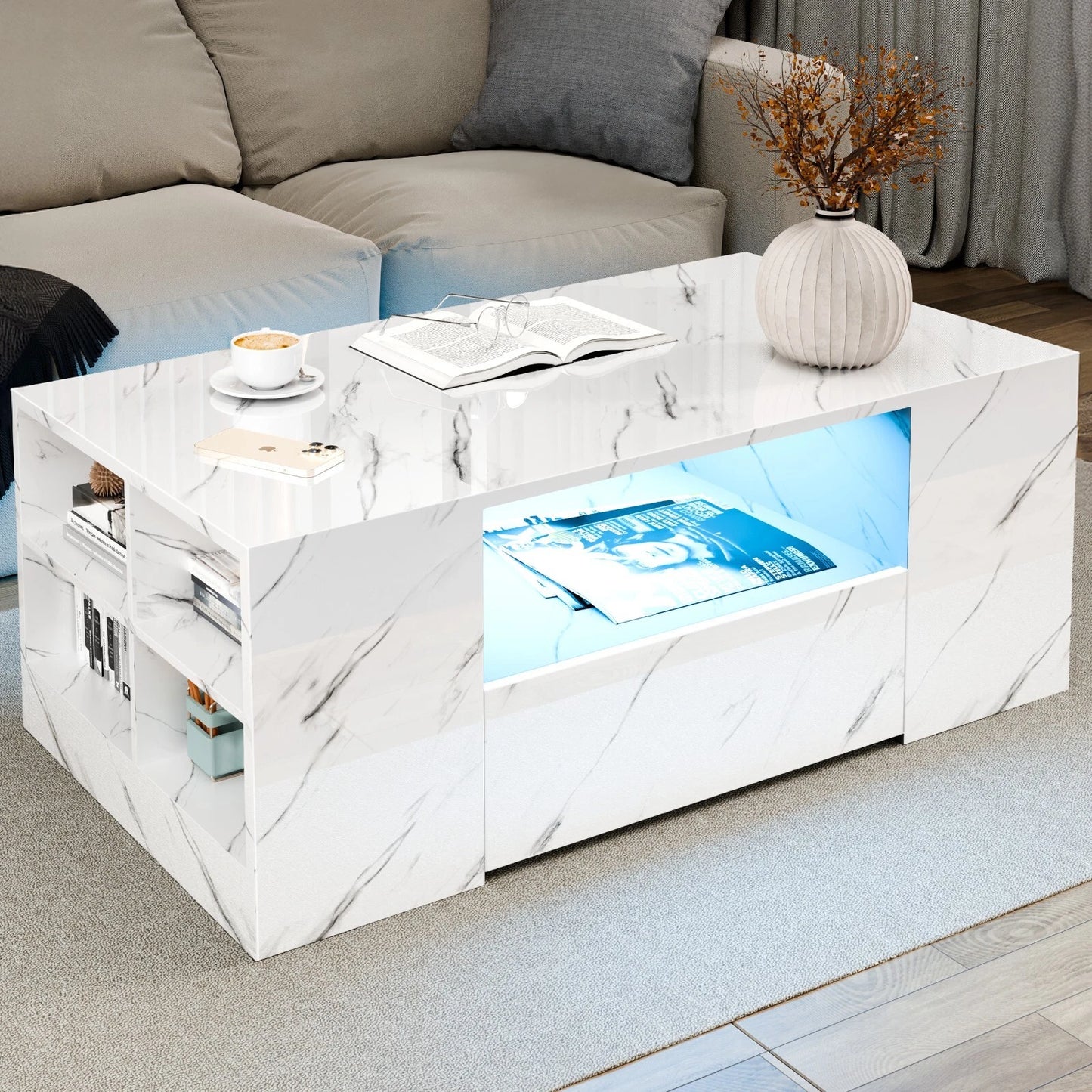 LED Coffee Table Wooden 2 Drawer Storage High Gloss Modern Living Room Furniture