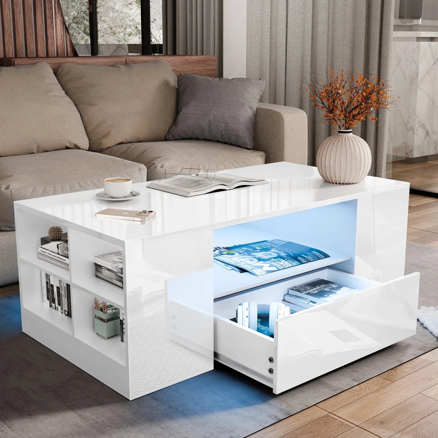 LED Coffee Table Wooden 2 Drawer Storage High Gloss Modern Living Room Furniture
