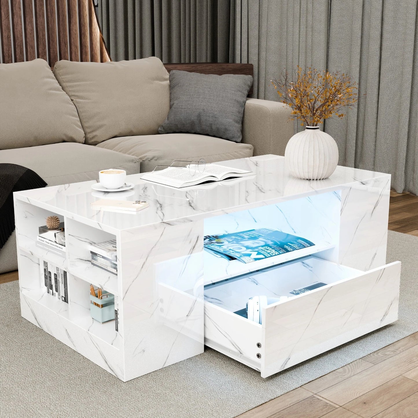 LED Coffee Table Wooden 2 Drawer Storage High Gloss Modern Living Room Furniture
