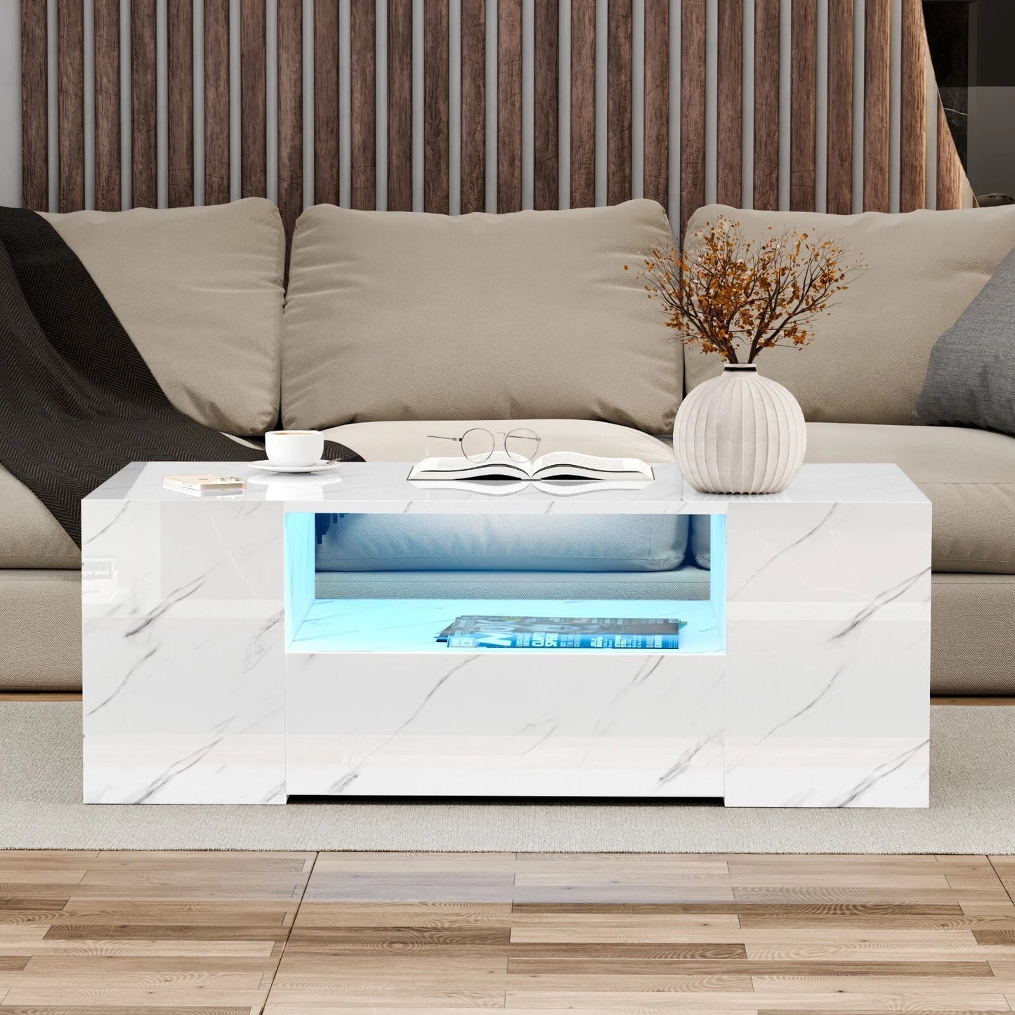 LED Coffee Table Wooden 2 Drawer Storage High Gloss Modern Living Room Furniture