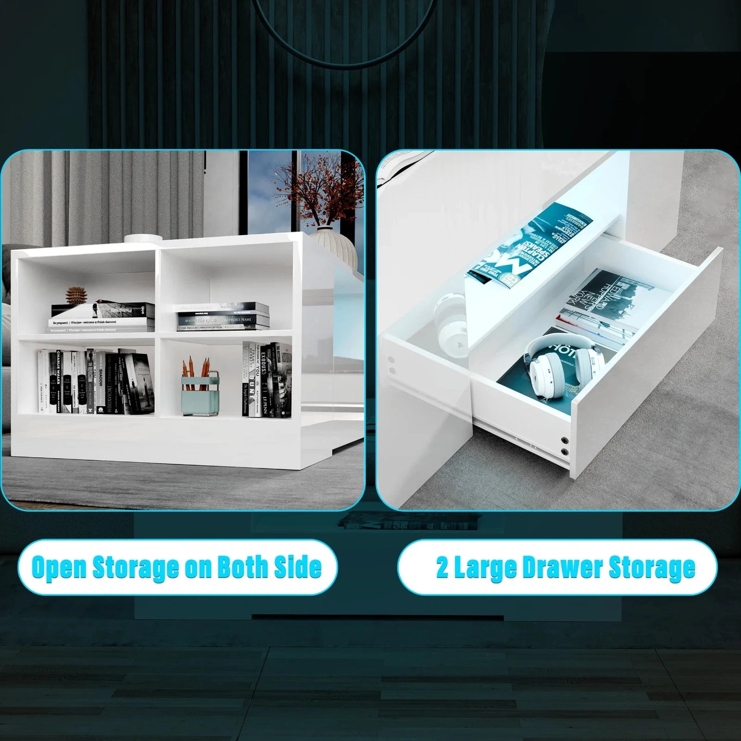 LED Coffee Table Wooden 2 Drawer Storage High Gloss Modern Living Room Furniture