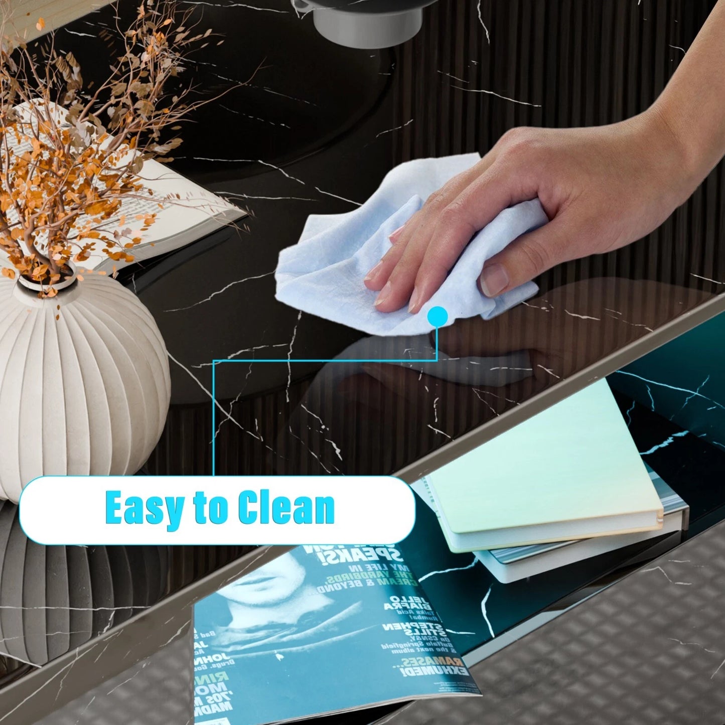 LED Coffee Table Wooden 2 Drawer Storage High Gloss Modern Living Room Furniture