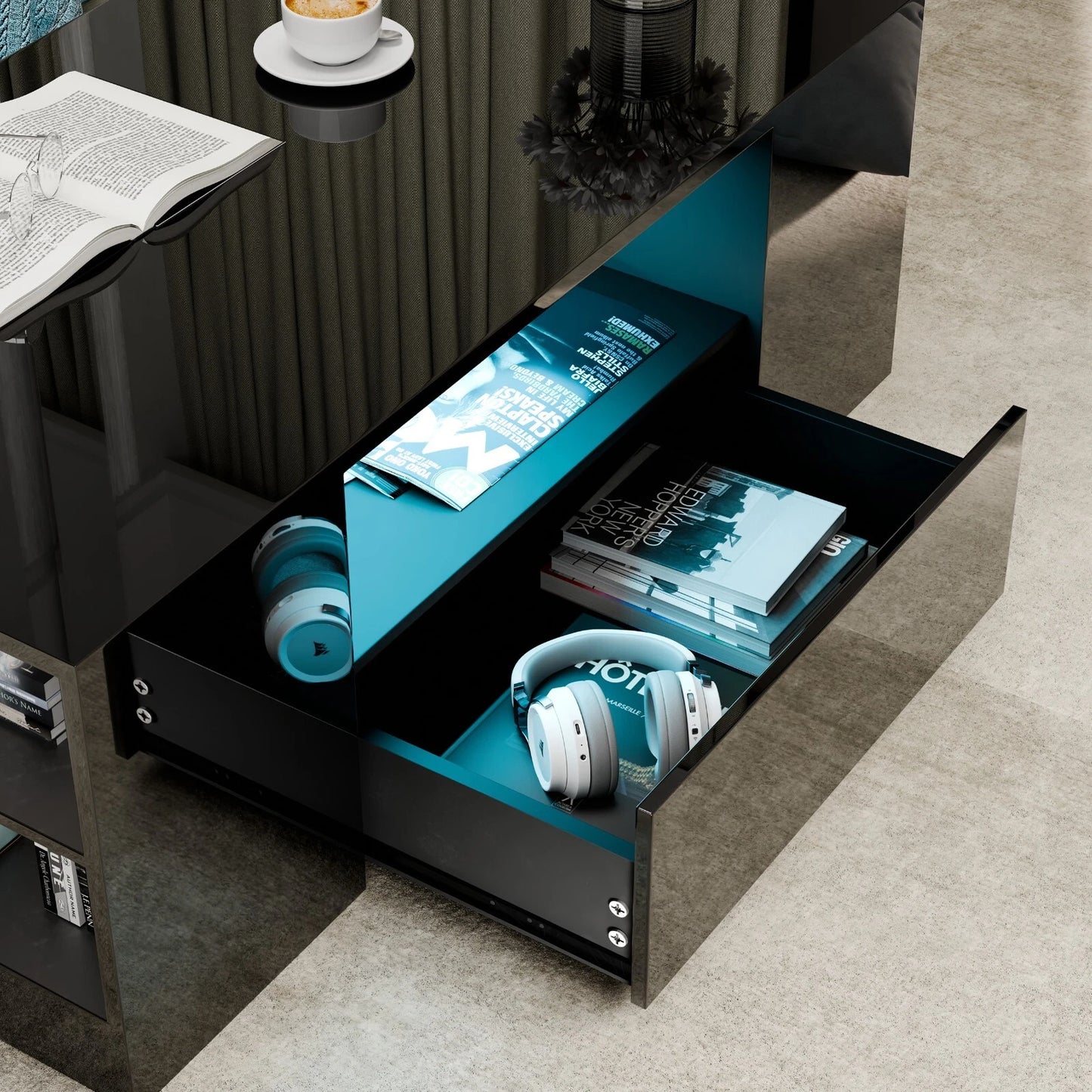 LED Coffee Table Wooden 2 Drawer Storage High Gloss Modern Living Room Furniture