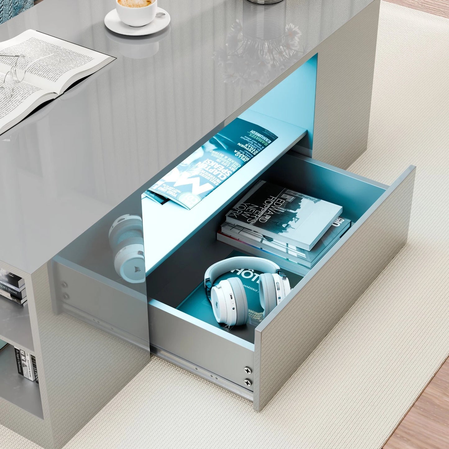 LED Coffee Table Wooden 2 Drawer Storage High Gloss Modern Living Room Furniture