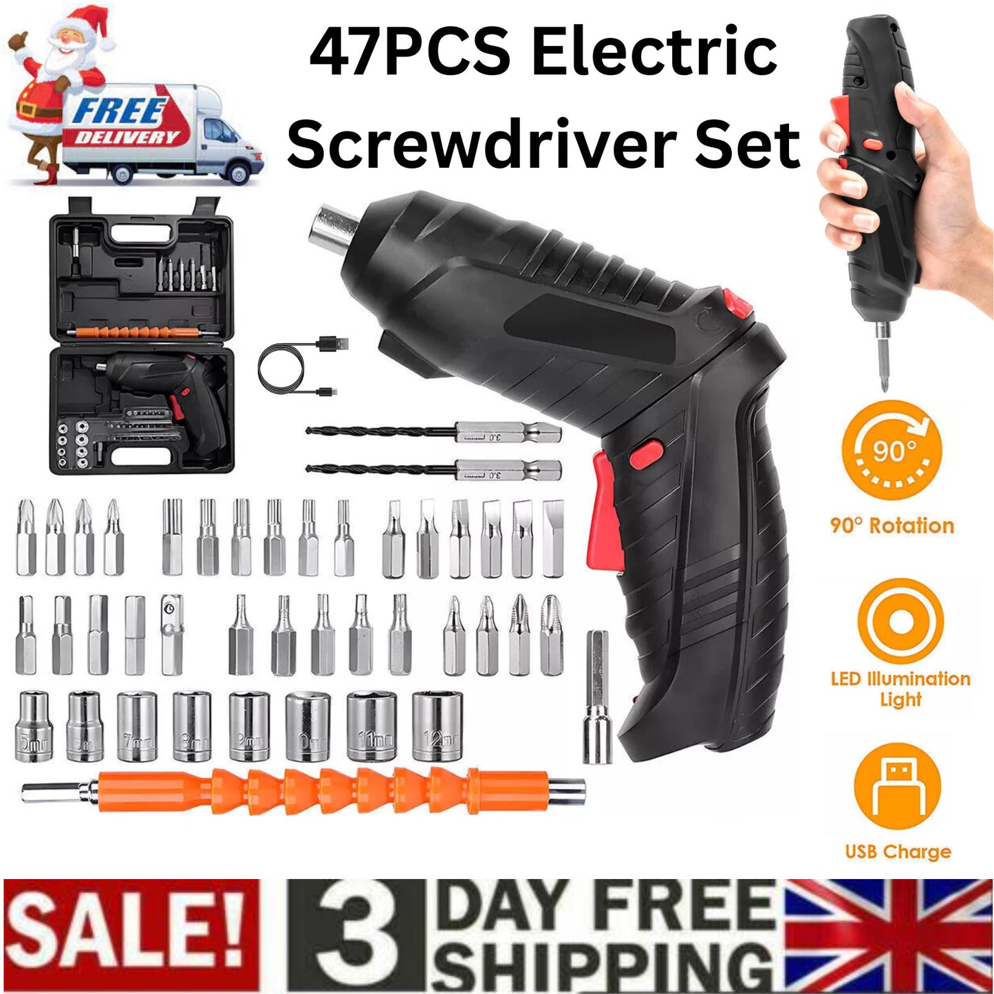 47PCS Electric Screwdriver Rechargeable Kit Cordless Drill Drill Driver Bits Set