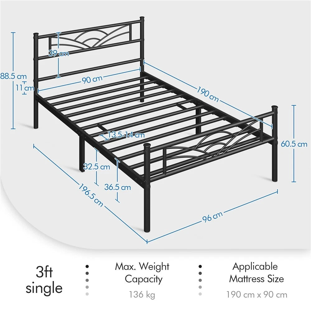 3ft Single Bed Frame Mattress Foundation Metal Iron Bed with Under-bed Storage