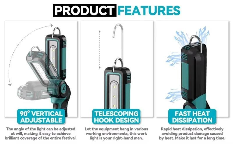 140° Rotating Handheld Torch Cordless LED Work Light for Dewalt 18V 20V Battery