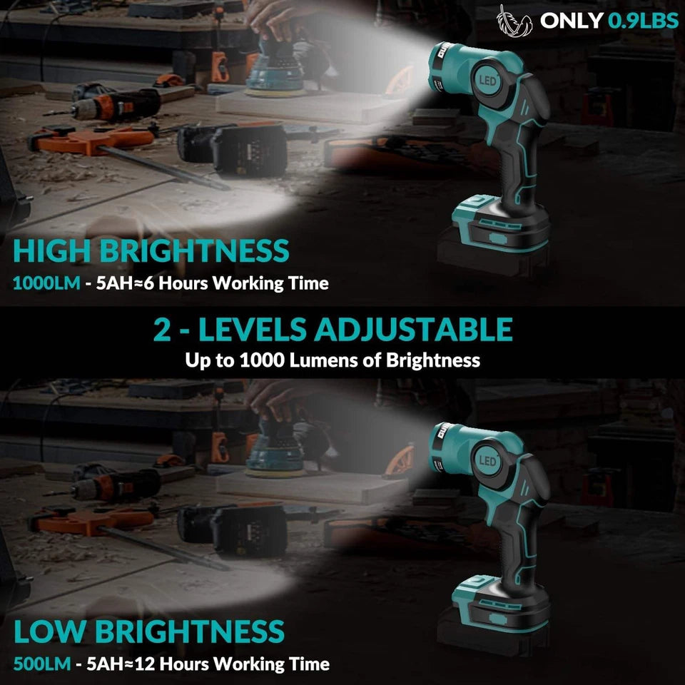 140° Rotating Handheld Torch Cordless LED Work Light for Dewalt 18V 20V Battery