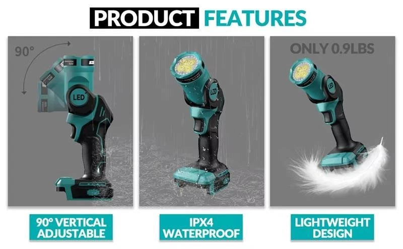 140° Rotating Handheld Torch Cordless LED Work Light for Dewalt 18V 20V Battery