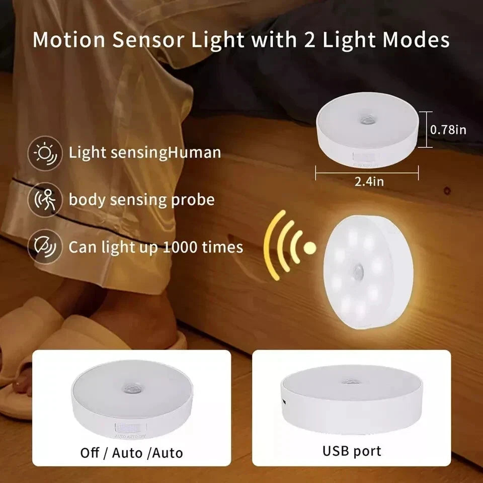 4xMotion Sensor Light USB Wireless PIR Battery WallCabinet Stair Night Lamp 8LED