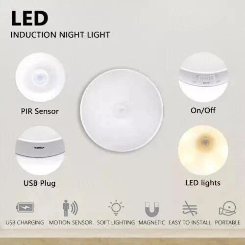 4xMotion Sensor Light USB Wireless PIR Battery WallCabinet Stair Night Lamp 8LED