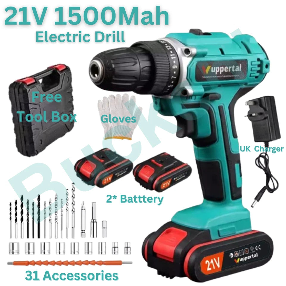 2 Battery Cordless Drill 21V Electric Screwdriver Set Combi Driver High Power UK