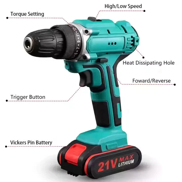 2 Battery Cordless Drill 21V Electric Screwdriver Set Combi Driver High Power UK
